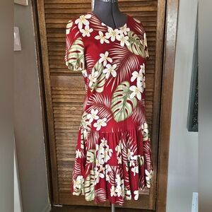 Aloha Hut Tropical Red Floral Dress.